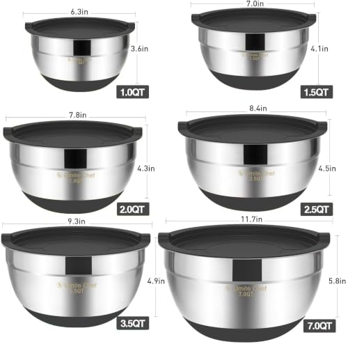 Umite Chef Mixing Bowls with Airtight Lids，6 piece Stainless Steel Metal Nesting Storage Bowls, Non-Slip Bottoms Size 7, 3.5, 2.5, 2.0,1.5, 1QT, Great for Mixing & Serving(Grey) - color: Gray