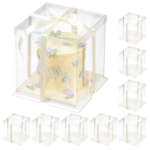 8 Pcs Clear Gift Box with Ribbon 3-Layer 10x10x12 Inch, Transparent Cake Carrier Box with Lids, PET Tall Cake Packaging Boxes, Clear Gift Boxes for Birthday,Wedding and Festival Party - size: 10*10*12 in