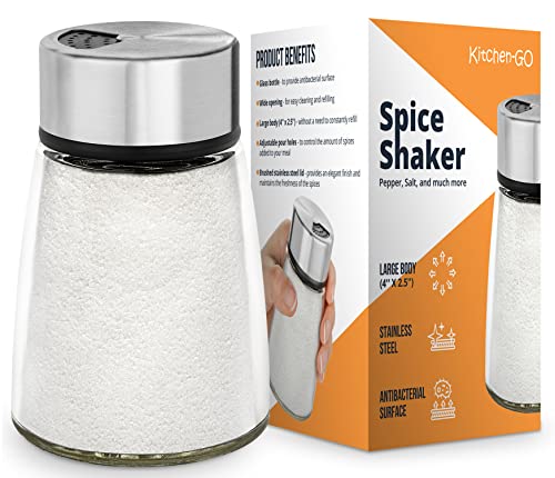Salt Shaker or Pepper Shaker with Adjustable Pour Holes - Stainless Steel Spice Dispenser - Perfect for Pink Himalayan, Table Salt, Black and White Pepper - size: 4'' x 2.5''