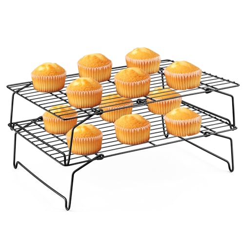 Leonyo Cooling Rack, 2 Tier Stainless Steel Stackable Baking Cooking Racks for Cooling Roasting Grilling, Collapsible & Heavy Duty, Oven Safe & Easy Clean, 15" x 10", Black - color: Black
