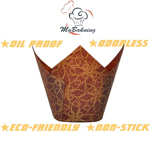 (JUMBO Large size) Brown Golden pattern Tulip Baking Cups 2-1/4"(Base diameter) x 3-3/4"(Wall height) Greaseproof paper Muffin liners, Case of 130 pcs - color: Golden pattern