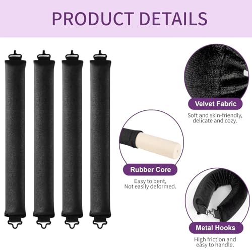Heatless Curls Overnight Hair Curlers - 4 Pcs No-Heat Curling Rod to Sleep In,Velvet Hair Rollers with Satin Wrap - color: Black(Pack of 4)
