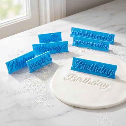 18 Pieces Fondant Stamp Cutter Set,3 Set Script Letter Embossers for Happy Birthday Anniversary Cakes,Blue Cookie Icing Sugarcraft Decorating Tools