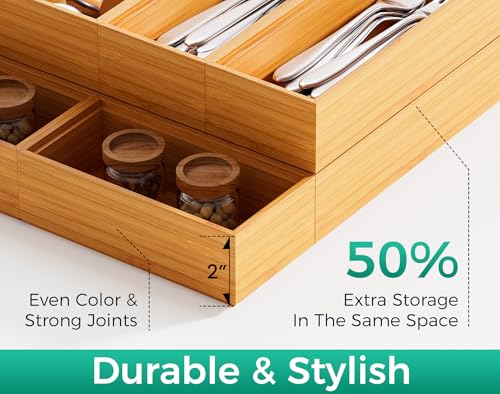 Bamboo Kitchen Drawer Organizer Boxes 12" x 3" Stackable Wooden Organizers - size: 12" x 3" x 2"