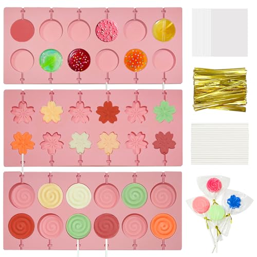 303Pcs Lollipop Mold Kit, CHELIZIYA 3 Shapes Pink Silicone Candy Molds