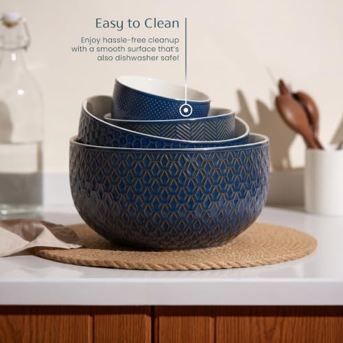 KooK Ceramic Nesting Bowls, Embossed, Oven Safe, Set of 4, Midnight Blue - color: Midnight Blue