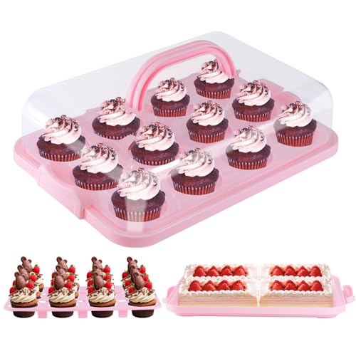 Cake Carrier with Lid, Cake Holder Cupcake Container for 12 Cupcakes 2 in 1 Portable Dessert Container for Pie Muffin Cobbler (Pink) - color: Pink