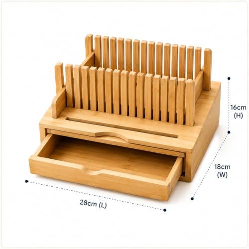 Bamboo Bread Slicer with Crumb Catcher Tray, Adjustable Slicing Guide and Knife Storage Drawer - Even Slice Loaf Cutter