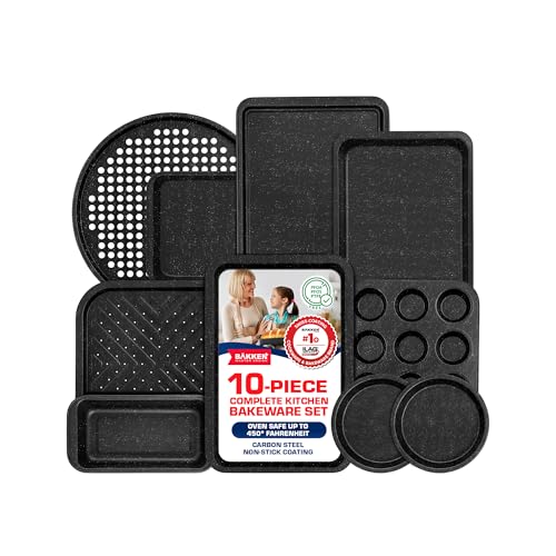 BAKKEN 10-Piece Kitchen Baking Pan Set - Commercial Grade Carbon Steel Bakeware, With Nonstick Coating, Stackable and Space-saving Design, PFOA, PFOS, PTFE Free, Oven Safe (Up To 450°F), Gray Marble - color: Gray Marble, size: 10 Piece Set