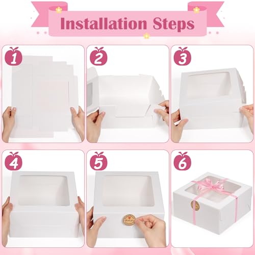 Sublaga 26pcs 8x8x4 Inches Cake Boxes White Bakery Boxes, White Bread Boxes with Windows for Pastries, Cupcakes,Cookies, Pie, Muffins and Donuts