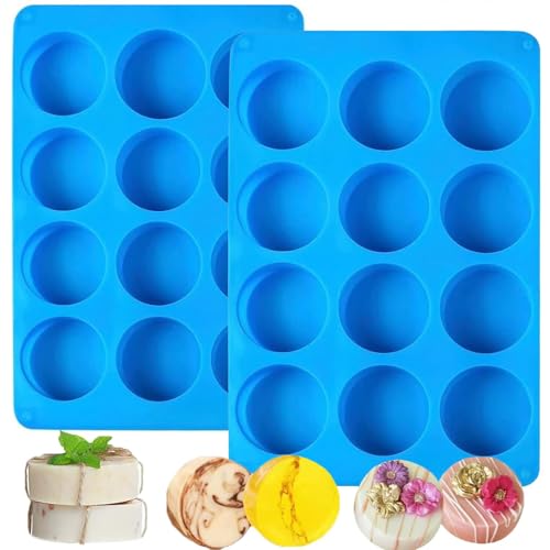 2 Pack 12 Cavity Silicone Soap Molds, Ice Cube Mold, Half Sphere Silicone Baking Mold for Soap,Making Bath Bomb,Ice Cream,DIY Handmade Soap&Candy,Chocolate Bombs(12-hole round) - color: Blue 12-hole round