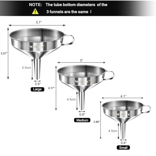 Stainless Steel Funnel, Walfos 3 Pack Kitchen Funnel with 2 Removable Strainer ＆ 1Pcs Cleaning Brush, Perfect for Transferring of Liquid, Oils, Jam, Dry Ingredients & Powder - color: 3pcs 5.7in+4.9in+4.1in Stainless Steel