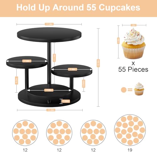 Halloween Cupcake Stand for 50 Cupcakes 4 Tier Wooden Dessert Display Stands 360°Rotatable Cookie Display Stand with Tiered Trays Round Cake Stand for Parties Wedding Dessert Table, Black - color: Black