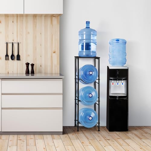 OYEAL Water Jug Holder Stand 5 Gallon Water Bottle Holder Organizer With Shelf, Heavy Duty 3 Tier Water Bottle Storage Rack for Kitchen, Office, Living Room, Black - style: Round Tube Black