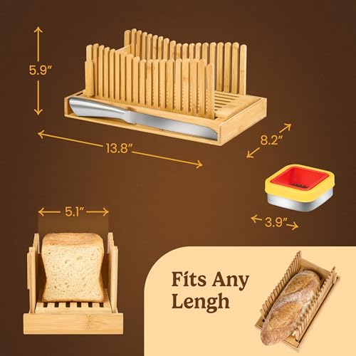 Bread Slicer Guide for Homemade Bread 2-In-1 Set: Sourdough Rounds Slicer, Sandwich Sealer | Bread Loaf Slicing, Adjustable Bamboo Bread Cutter With Knife & Magnetic slot - size: 2-in-1 Set (Basic Kit)