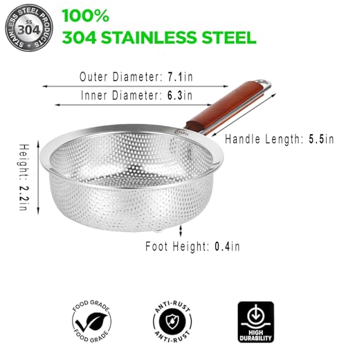 Stainless Steel 304 Strainer Scoop with Wooden Handle, Self-Draining Solid Base - Ideal for Kitchen, Pasta, Fruit, and Vegetables - 7.1in - color: Caliber-7.1in