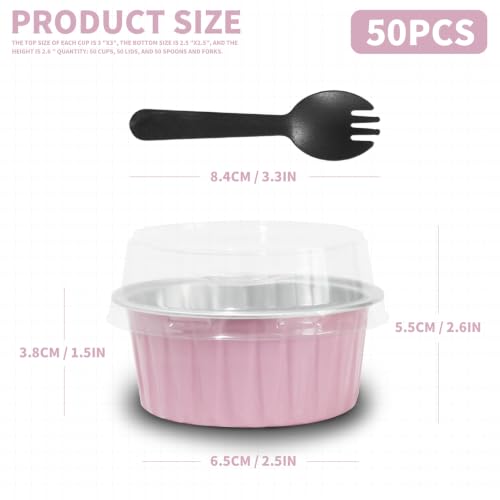 Mother's Day 50Pcs Mini Aluminum Foil Cupcake,5oz Pink Baking Cups with Lid - color: Pink