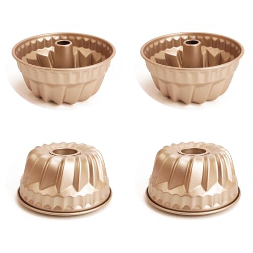 4 Pack Fluted Cake Pan, 4 inch Mini Cake Pan Set, Carbon Steel Reusable Nonstick Small Baking Cup Mold Round Bakeware for Kugelhopf, Cake, Brownie, Jello, Bavarois - Gold