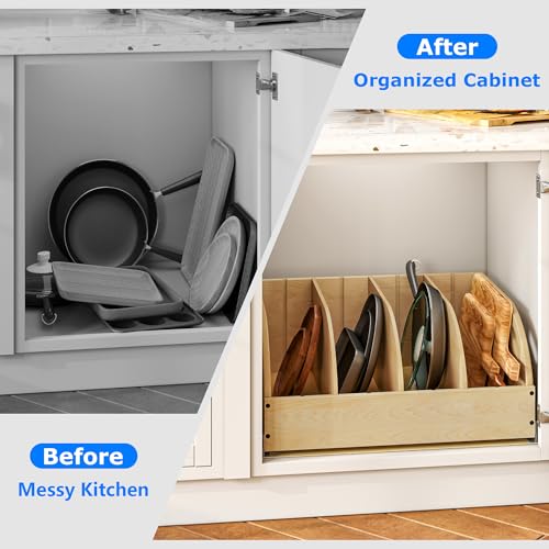 WelFurGeer Birchwood Pot and Pan Organizer with Soft-Close Drawer, Pull Out Cabinet Organizer, Heavy-Duty Slide-Out Storage for Baking Sheets, Cutting Boards, and Kitchen Utensils - size: 23"W X 21"D