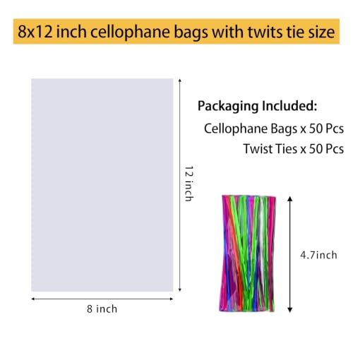 Nobranded 50 pcs Clear 8" x 12" Flat Cello Cellophane Bags Poly Treat Bags 2.8 mils for Gift Wrapping, Bakery, Cookie, Candies, Toast, Dessert, Party Favors Packaging with Color Twist Ties… - size: 8x12 Inch (Pack of 50)
