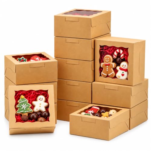 50pcs Cookie Boxes 5x5x2.5 Inch Bakery Boxes with Window Treat Box - color: Brown