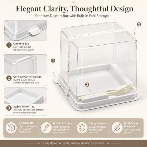 100 Pieces Cake Slice Plastic Containers with Disposable plastic fork and Stickers,4.3 Inches Hinged Lid Cheese cake Container,Cupcake containers,individual cupcake containers, Bakery and Cafe