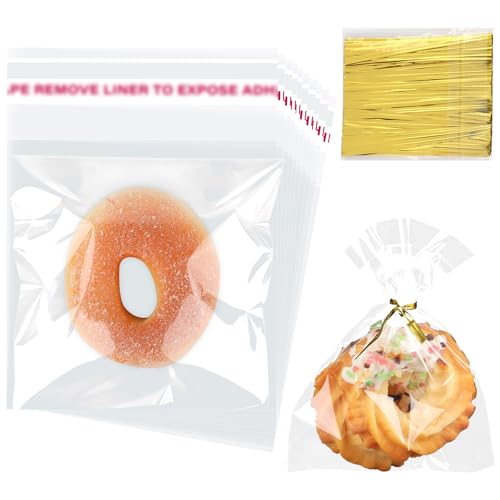 Self Sealing Cellophane Bags 7x7 Inches Cookie Bags Self Adhesive Clear Resealable Large Cookie Bags with Twist Ties for Gift Giving Party Favors Treat Bag 200 Pieces - size: 7x7 Inch
