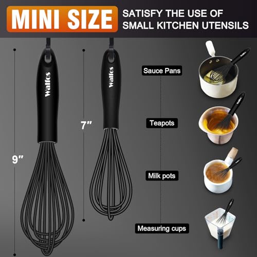 Walfos Silicone Whisk,7+9in Mini Whisk,BPA Free,Small Whisks for Non-Scratch,Heat Resistant (450°F) Nice for stirring individual eggs and mixing small amounts of powder and sauce.Dishwasher Safe.Black - color: Black