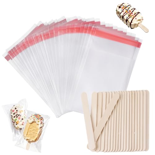 Ozera 200 Pcs Ice Pop Bags and Popsicle Sticks, Cakesicle Bags with Sticks - color: Clear
