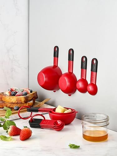 Spring Chef Set of 9 Plastic Magnetic Red Measuring Cups and Spoons - color: Red
