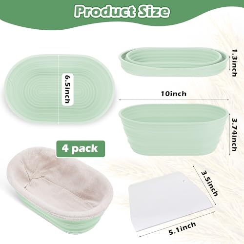 Nuogo 4 Pack Oval Bread Proofing Basket Silicone 10 Inch Collapsible,Green - color: Green