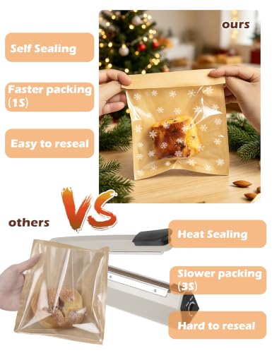 100 Pack Self Sealing Christmas Cookie Bags with Seal, 5.9x6.5 Inch Paper Bakery Bags with Window, Grease Resistant To Go Sleeves for Packaging Donut, Snack, Scone, Brownie, Small Pastries - size: 5.9"x6.5" - Christmas