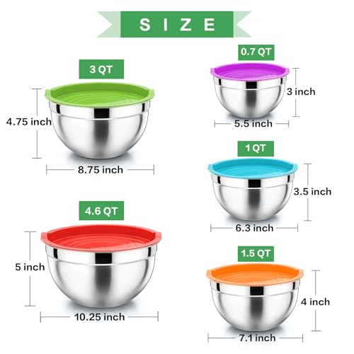 P&P CHEF Metal Mixing Bowls with Lids Set, Airtight Lids & Multicolor - color: Multicolor, style: Airtight Lids