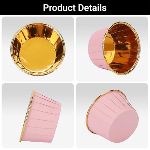EUSOAR Cupcake Cups, 50pcs 3.5oz Aluminum Mini Cheesecakes Holders Disposable Ramekins, Muffin Liners with Lids Foil Wrappers Cupcake Containers Baking Cups for Birthday Wedding Party Festival - color: Pink/Gold, size: 50pcs