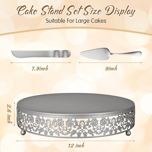 Wenqik 12 Inch Silver Cake Stand Set Metal Round Cupcake Dessert Stand with Cake Cutting, Flower Spatula Wedding Cupcake Pastry Display Candy Holder Display for Wedding Party Birthday Baby Shower - color: Silver, size: 12 Inch