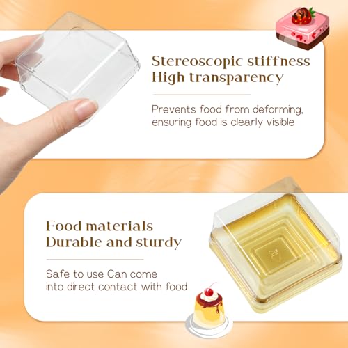 200 Set 3" Mini Cupcake Containers, Clear Plastic Square Containers with Lids Small Cupcake Boxes Muffin Pod Dome Muffin Single Individual Packing Box for Wedding Birthday Party(Gold)