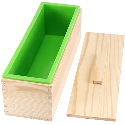 3PCS 47oz Silicone Soap Kit, Green Rectangular Silicone Loaf Soap Making with 3 Wooden Boxes and 3 Lids, DIY Supplies for Soap Making - color: Green