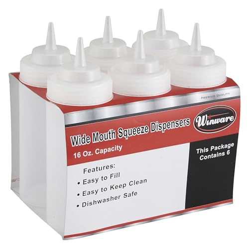 Winco 16 oz Clear Plastic Squeeze Bottles Wide Mouth (Set of 6) - size: 16 Ounces (Pack of 6)