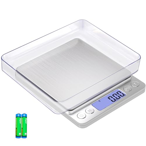 Gram Scale Small Digital Food Scale, 500g by 0.01Gram/0.001Ounce, Accurate Weighting, MEIYA Multifunction Kitchen Scale for Jewelry/Baking/Soap, 9 Units, Tare Function, LCD Display, Including Battery - style: 500g / 0.01g Silvery