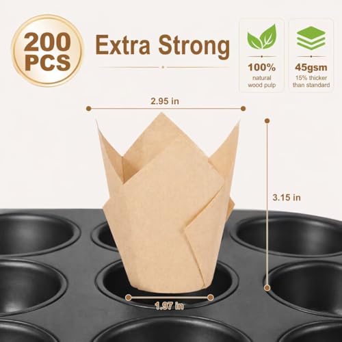 200 Pcs Natural Tulip Cupcake Liners For Baking, Greaseproof Muffin Liners