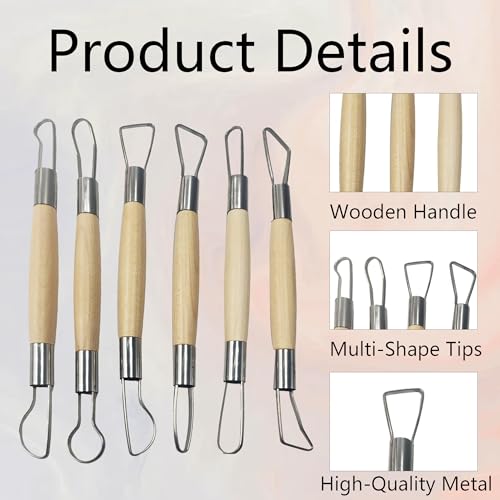 AUXBC 6Pcs Wooden Handle Double Ended Modeling Tools Set, Versatile Sculpting Tools for Clay, Fondant, Cake, Ceramic, Dough, Plasticine, Plaster, Wax