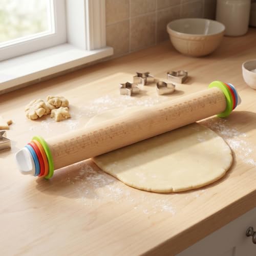 Wood Rolling Pin with Thickness Rings, 17"Adjustable Wooden Rolling Pins for Baking, Dough Roller Pins for Cookie Pastry Tools Cake Baker, Fondant Roller for Decorating Bakery Supplies Kitchen Gadgets - size: 17inch+Wood