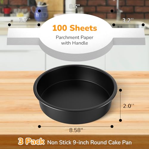 9 Inch Round Cake Pan Set of 3, Nonstick Baking Pans with 100PCS Parchment Paper, Dishwasher Safe - size: 9 Inch