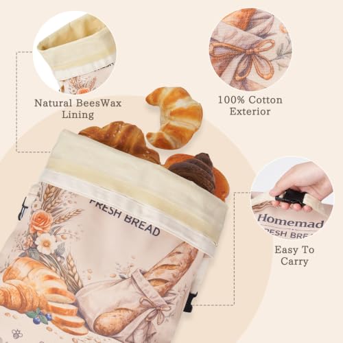 KEKUOU 2-Pack Reusable Beeswax Bread Bags for Homemade Sourdough - color: Beige