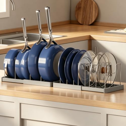 Magheo 1 Pack Expandable Food Storage Container Lid Organizers, 31.3" Pots and Pans Organizer Under Cabinet with 12 Adjustable Dividers Pot and Pan Lid Holders Rack Inside Cabinet(Gray) - color: Gray, size: (1 Pack)31.3"D x 7.9"W x 5.9"H
