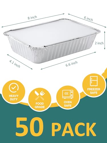 NEEBAKE 50 Pack 8x6 Disposable Aluminum Pans with Lids Aluminum-Foil-Pans-Tin-Foil-Baking-Pans-Tin-Trays-Food-To-Go-Containers-for-Meal-Prep-Cooking-Roasting-Heating-Takeout - size: 8x6 - 50 Pans + Lids