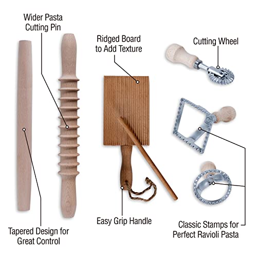Complete 6 Pcs Pasta Making Tool Set Includes Two Ravioli Stamp Maker Cutter And Roller Wheel Set, Two Pasta Rolling Pins, Gnocchi Board By Cotswold Homeware Co - style: Complete - 6 piece