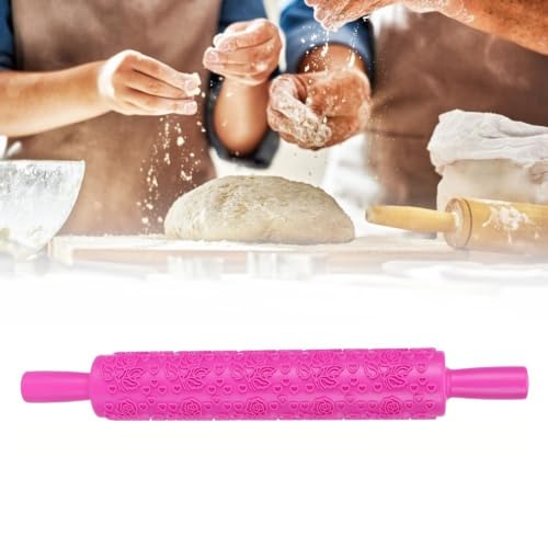 Embossed Fondant Rolling Pin,PP Plastic Pattern Roller with Dual Handles for Cookies,Pastry,Cake Decor,14.37 x 1.97 in(Rose Heart) - size: Rose Heart
