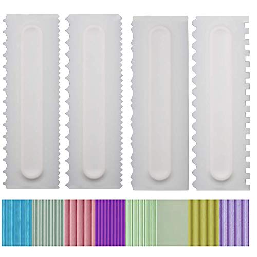Decorating Comb and Icing Smoother Set of 4 Pack Decorating Mousse Butter Cream Cake Edge Tools, Plastic Sawtooth Cake Scraper Polisher 8 Design Textures-White - color: 4 White