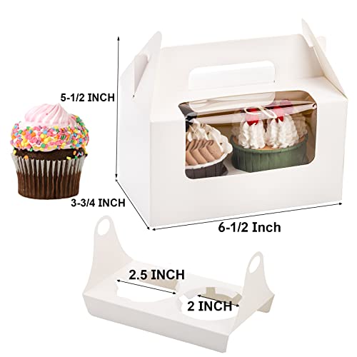 60 Pack 2 Count White Paper Cupcake Boxes with Insert, Handle and Window, Portable Cupcake Muffin Containers, Gable Bakery Gift Boxes Party Favor Treat Boxes for Wedding Birthday